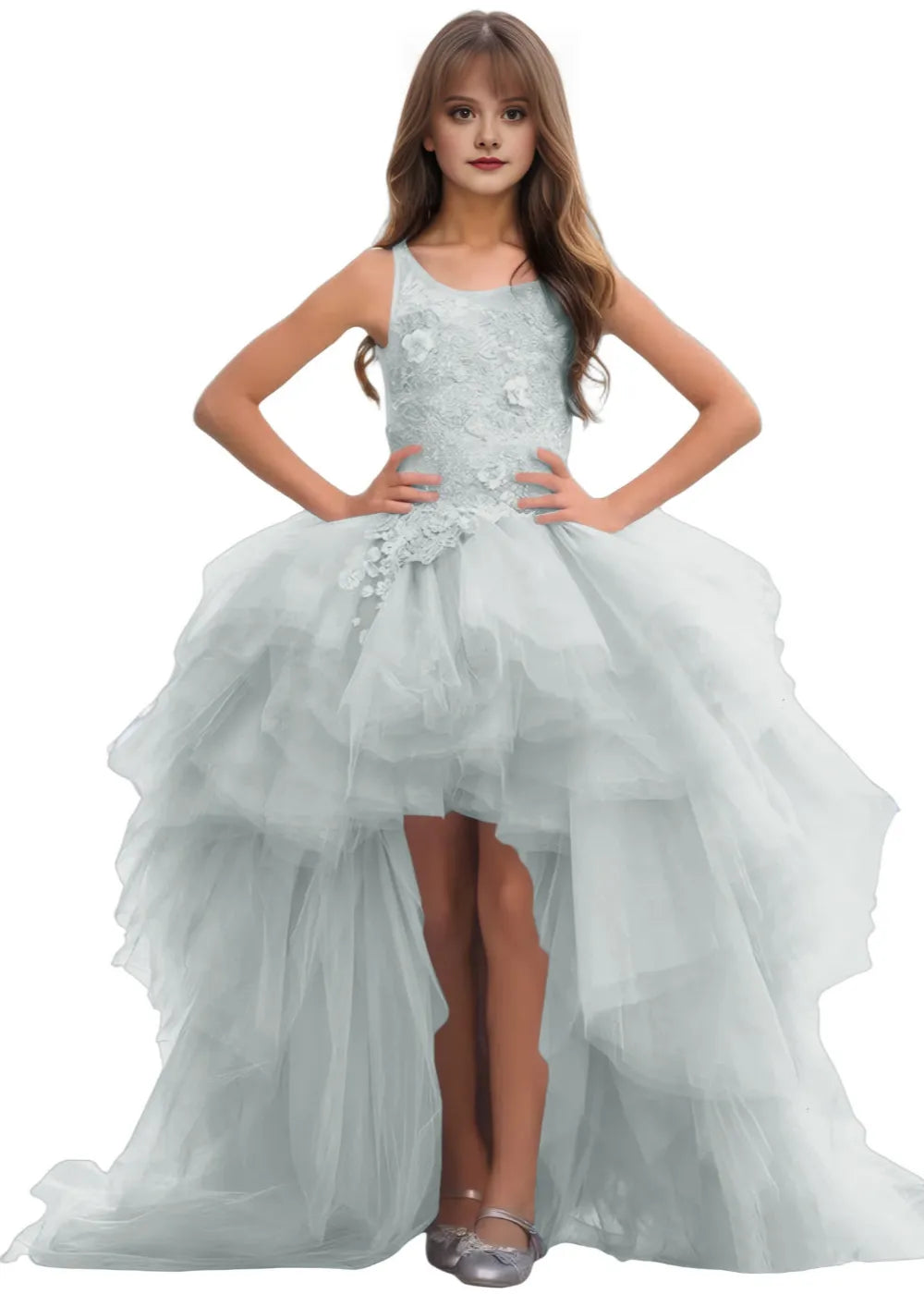High-Low Layered Tulle Gown for Girls