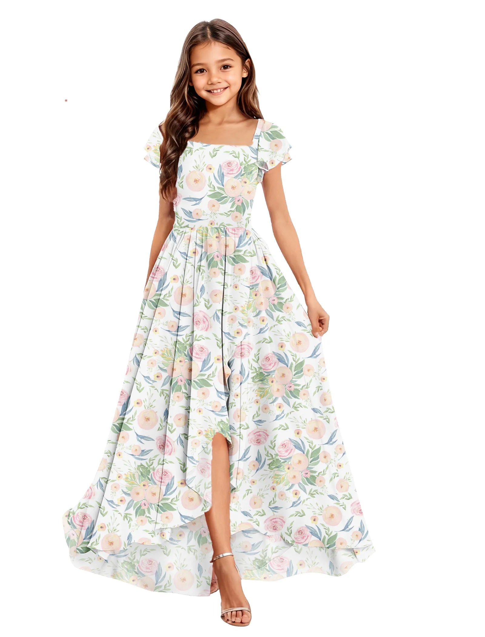 Girls Floral High-Low Maxi Dress with Cap Sleeves