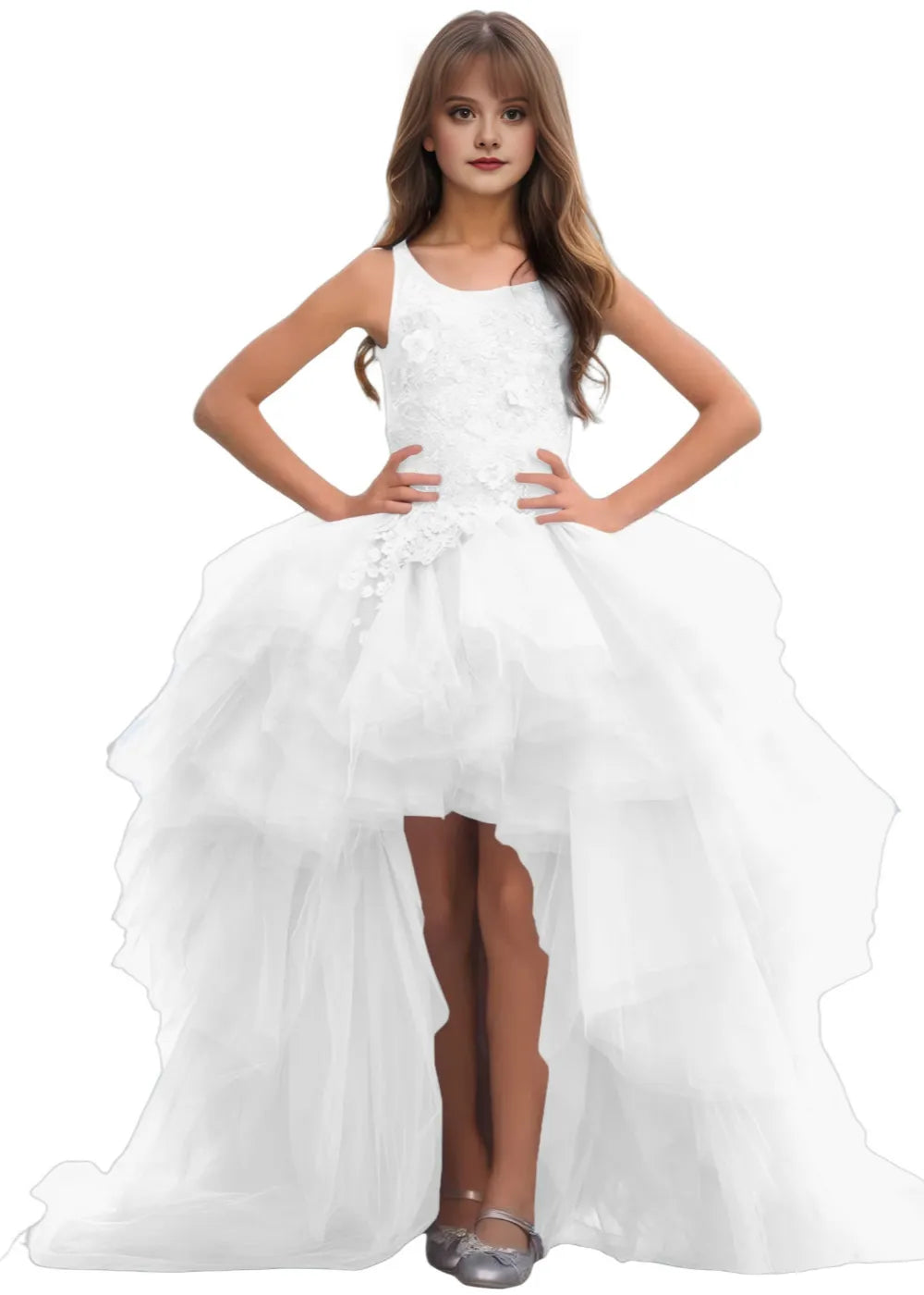 High-Low Layered Tulle Gown for Girls