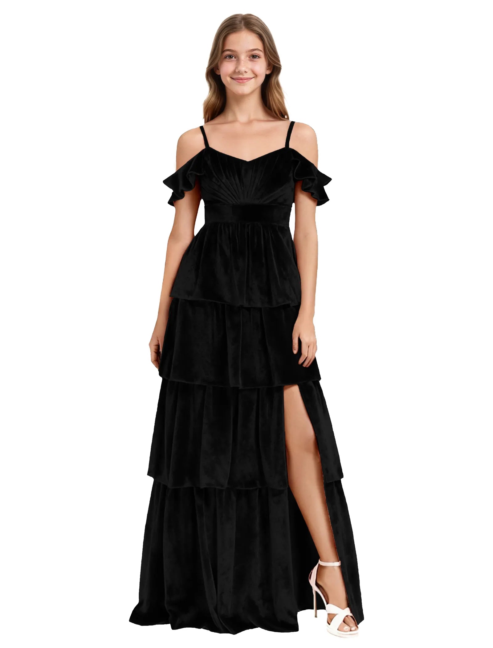Tiered Velvet Maxi Dress for Girls with Ruffle Sleeves