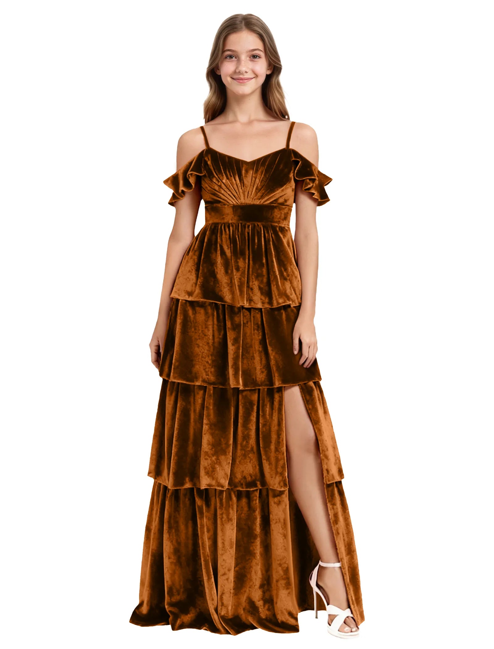 Tiered Velvet Maxi Dress for Girls with Ruffle Sleeves