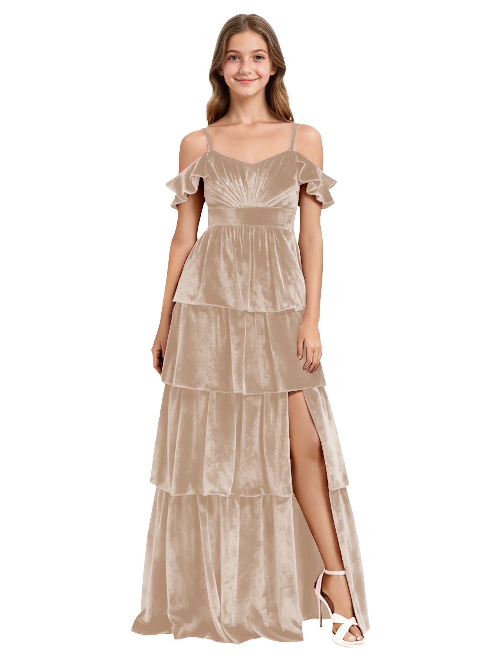 Tiered Velvet Maxi Dress for Girls with Ruffle Sleeves