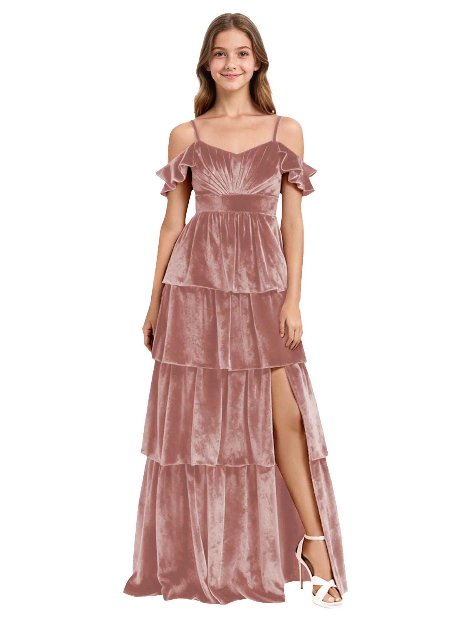 Tiered Velvet Maxi Dress for Girls with Ruffle Sleeves