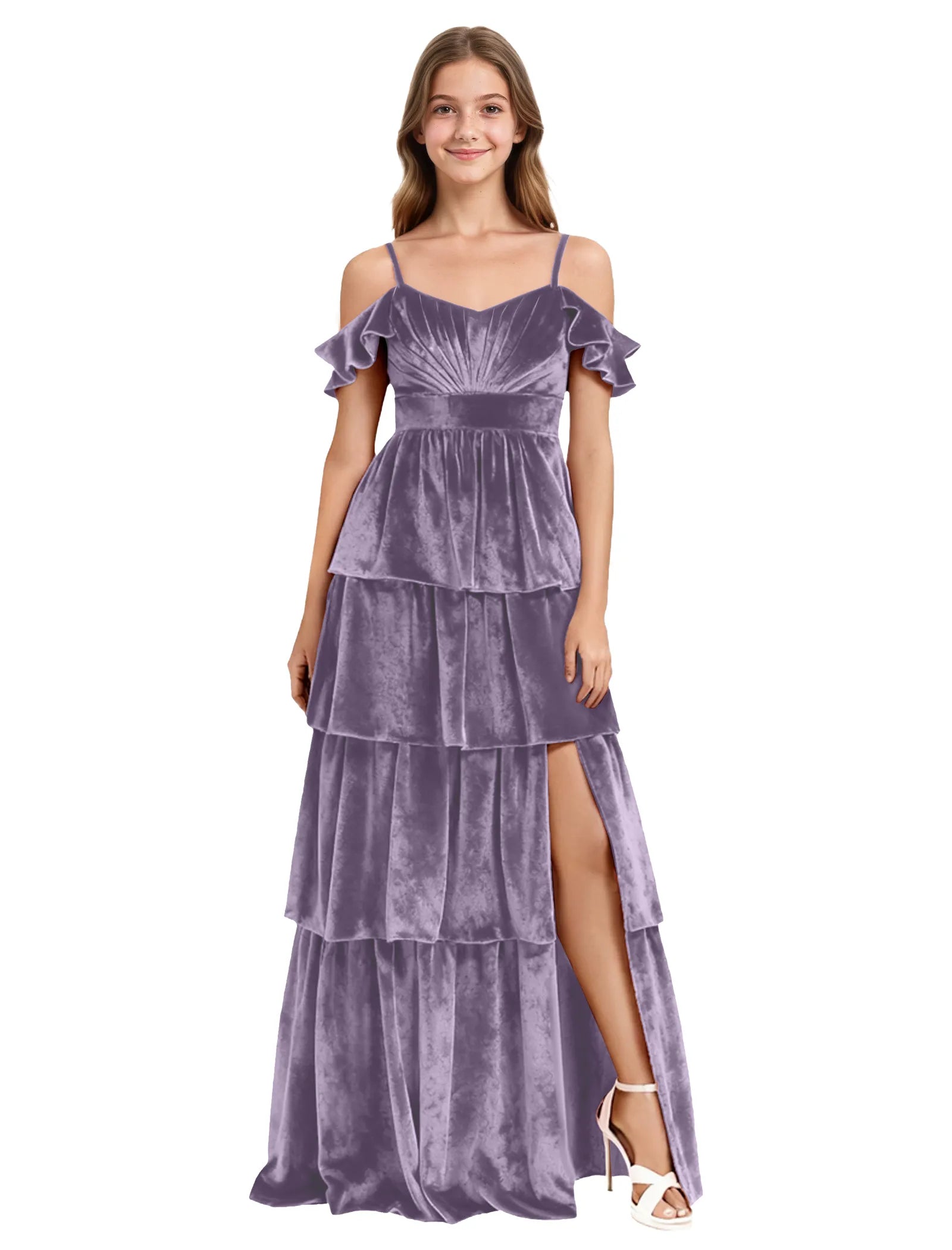 Tiered Velvet Maxi Dress for Girls with Ruffle Sleeves