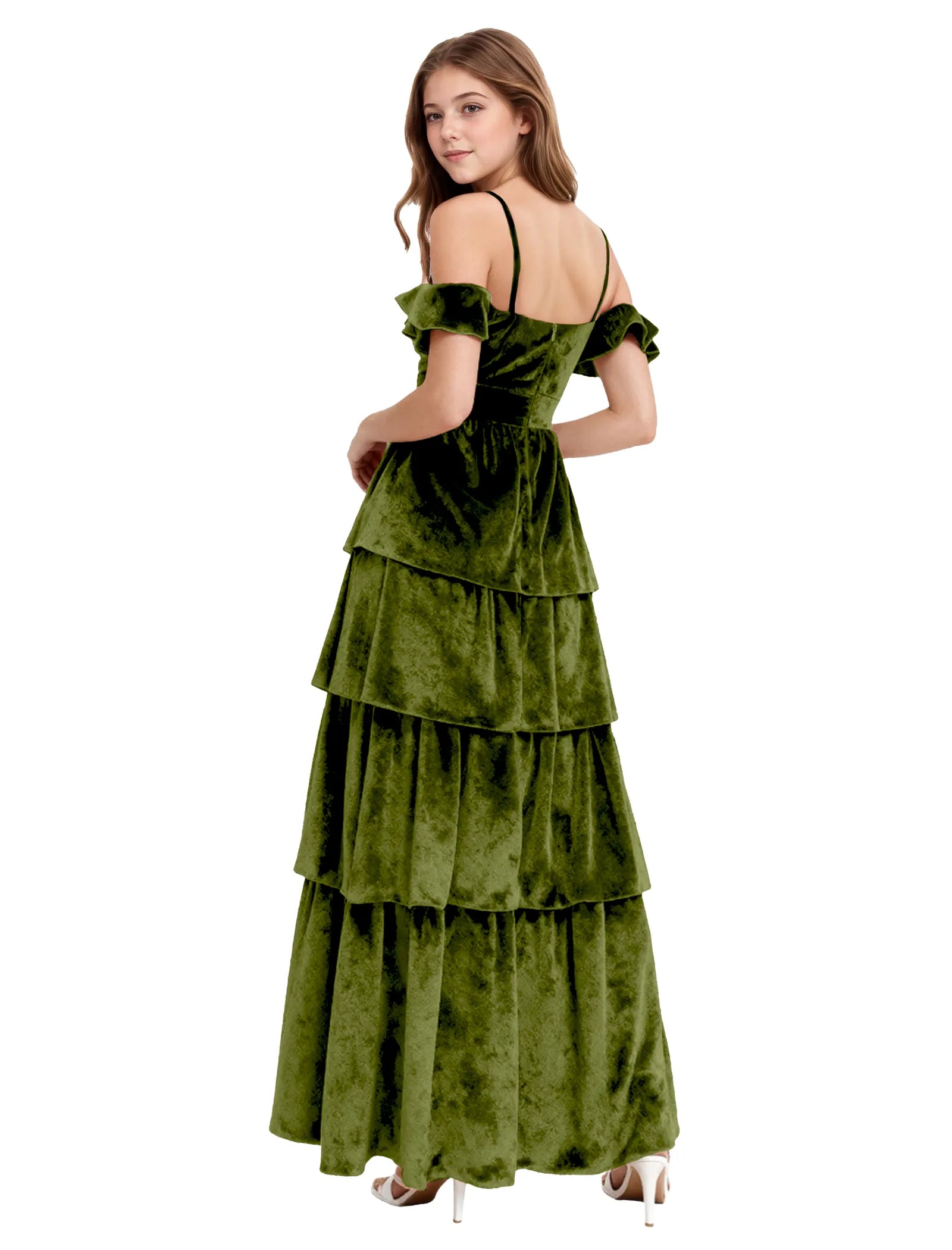 Tiered Velvet Maxi Dress for Girls with Ruffle Sleeves