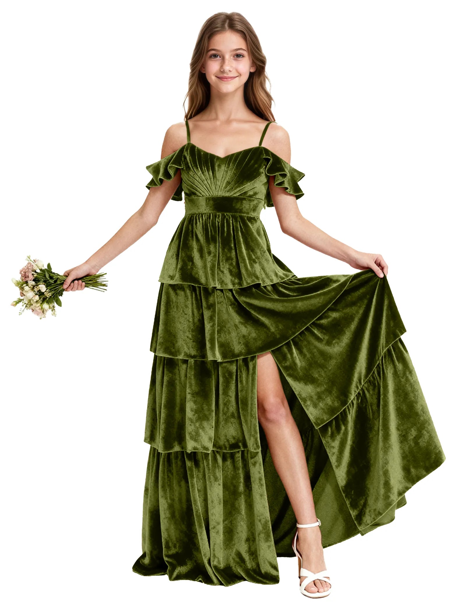 Tiered Velvet Maxi Dress for Girls with Ruffle Sleeves