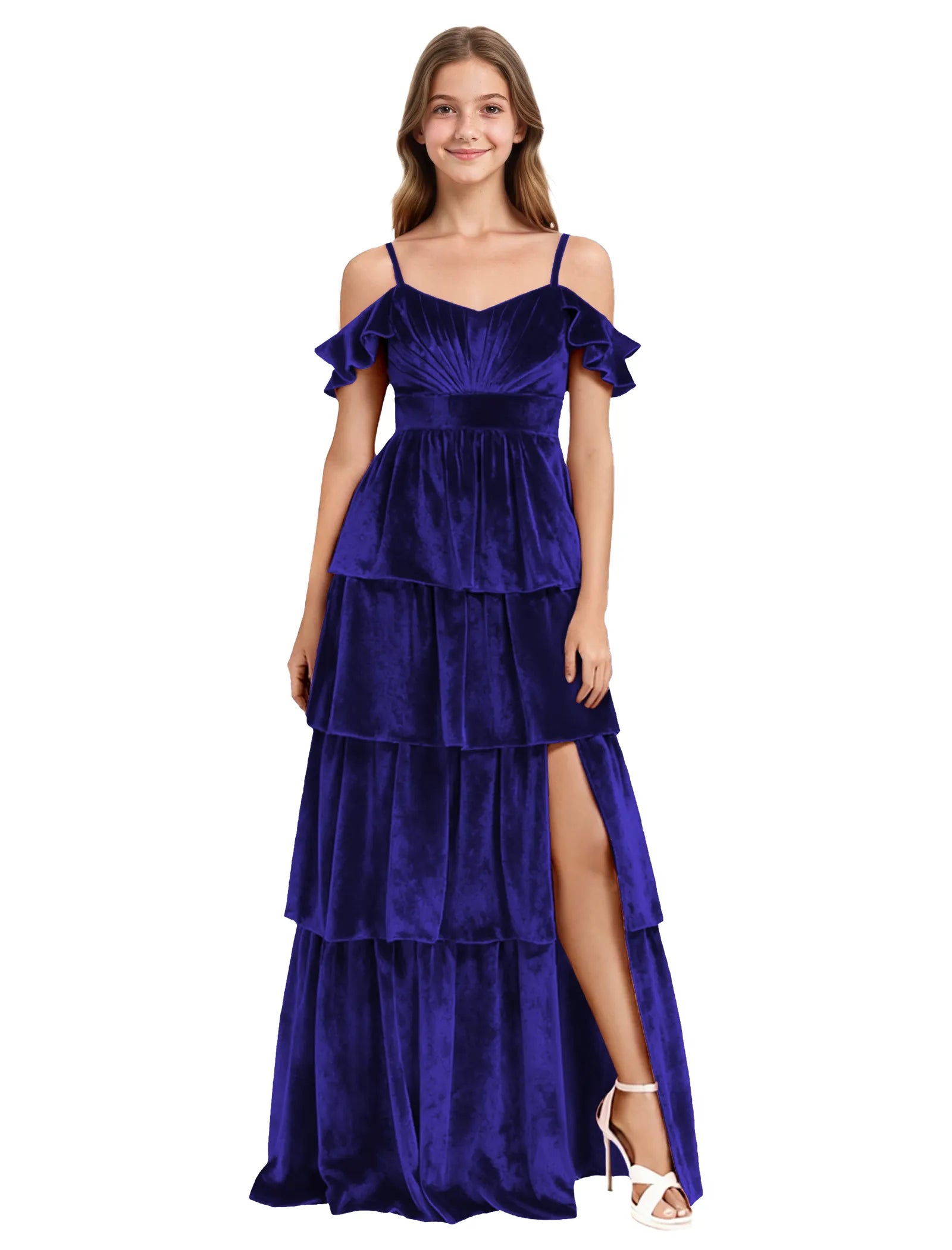 Tiered Velvet Maxi Dress for Girls with Ruffle Sleeves