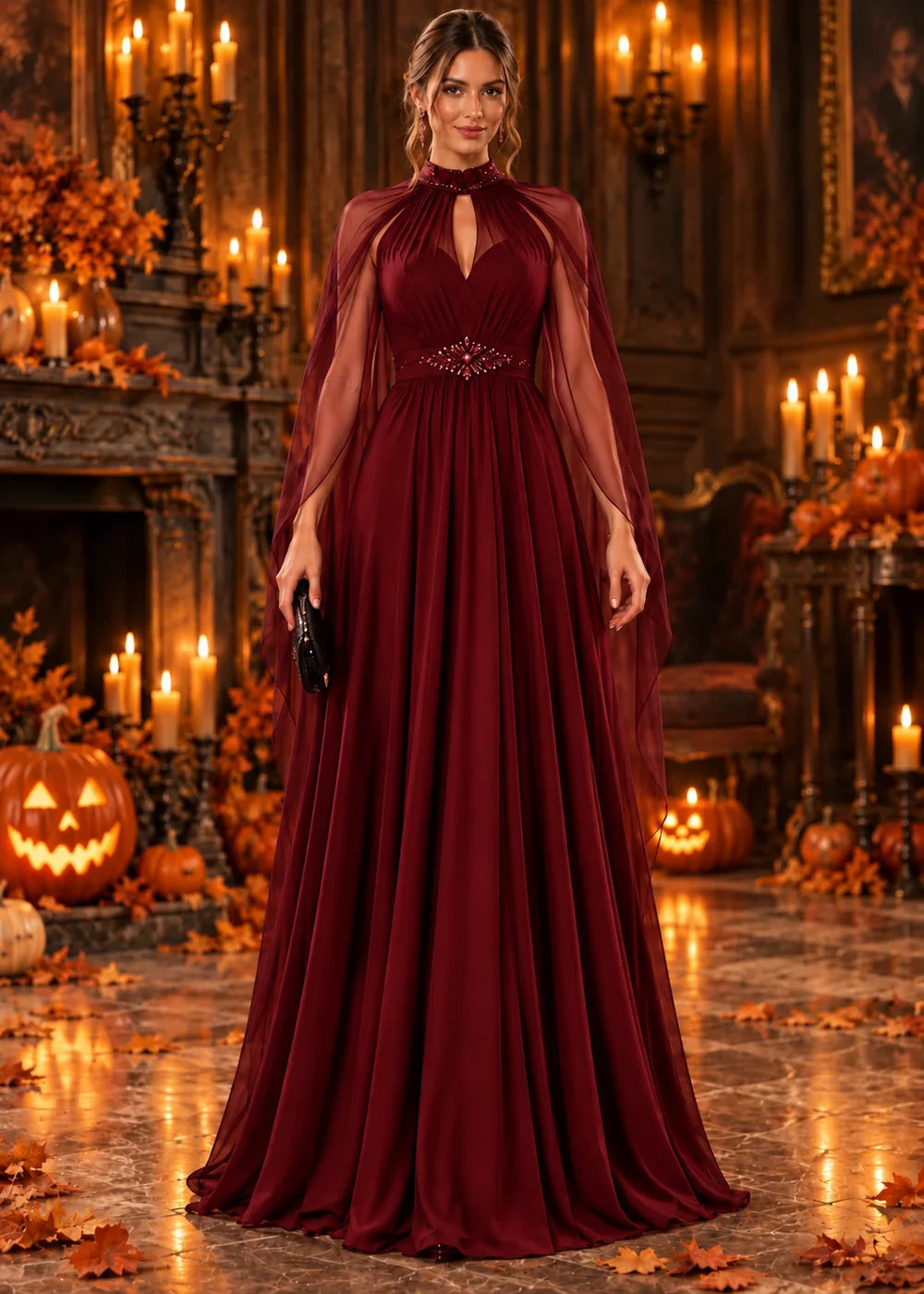 Front view of the burgundy evening gown with a beaded high neckline and a sheer chiffon cape.