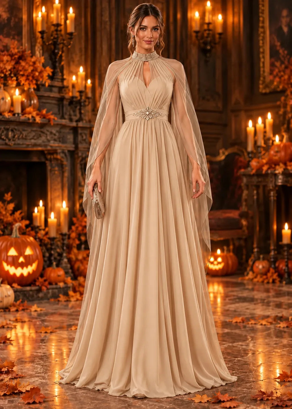 Front view of the champagne evening gown with a beaded high neckline and a sheer chiffon cape.
