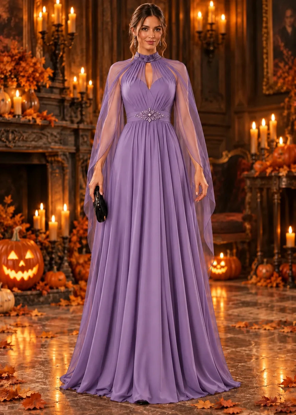 Front view of the lavender evening gown with a beaded high neckline and a sheer chiffon cape.