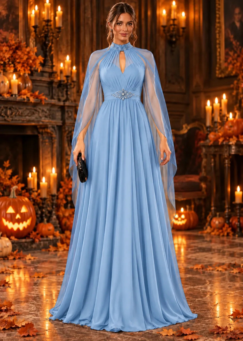Front view of the light blue evening gown with a beaded high neckline and a sheer chiffon cape.
