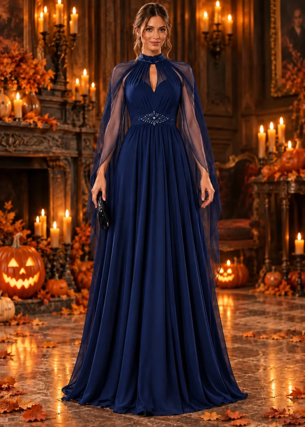 Front view of the navy blue evening gown with a beaded high neckline and a sheer chiffon cape.