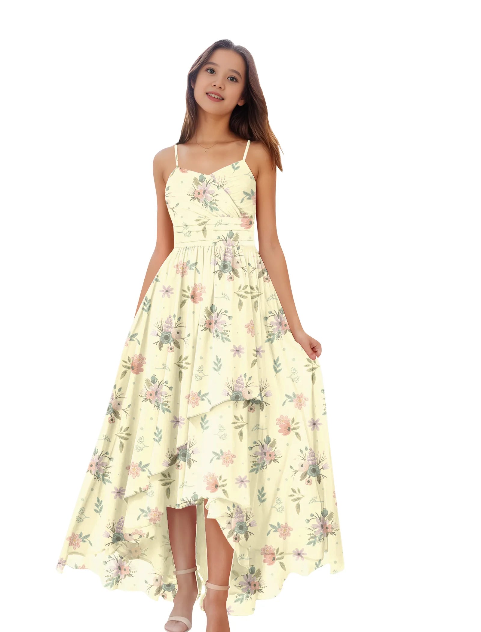 Girls Floral High Low Maxi Dress with Spaghetti Straps