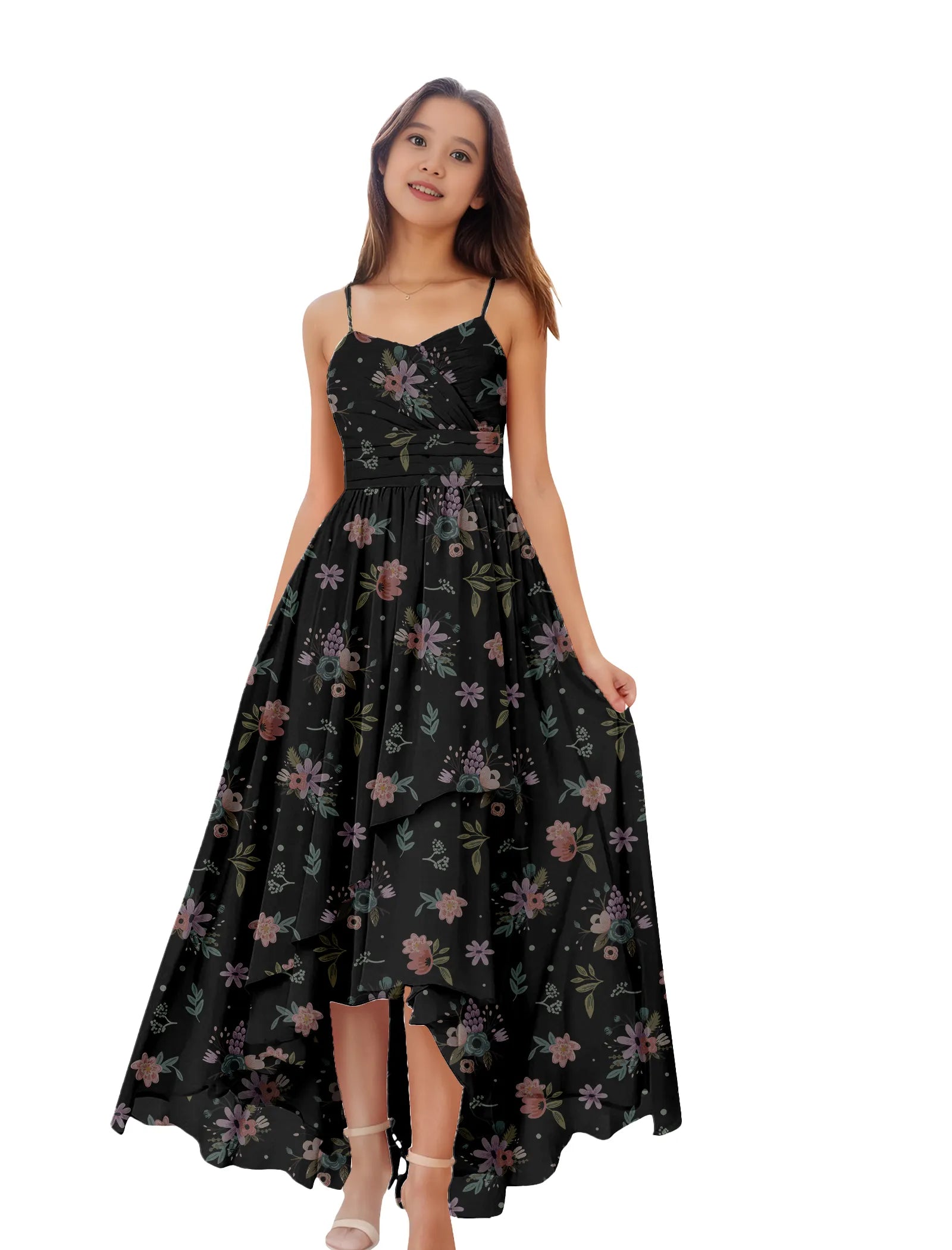 Girls Floral High Low Maxi Dress with Spaghetti Straps