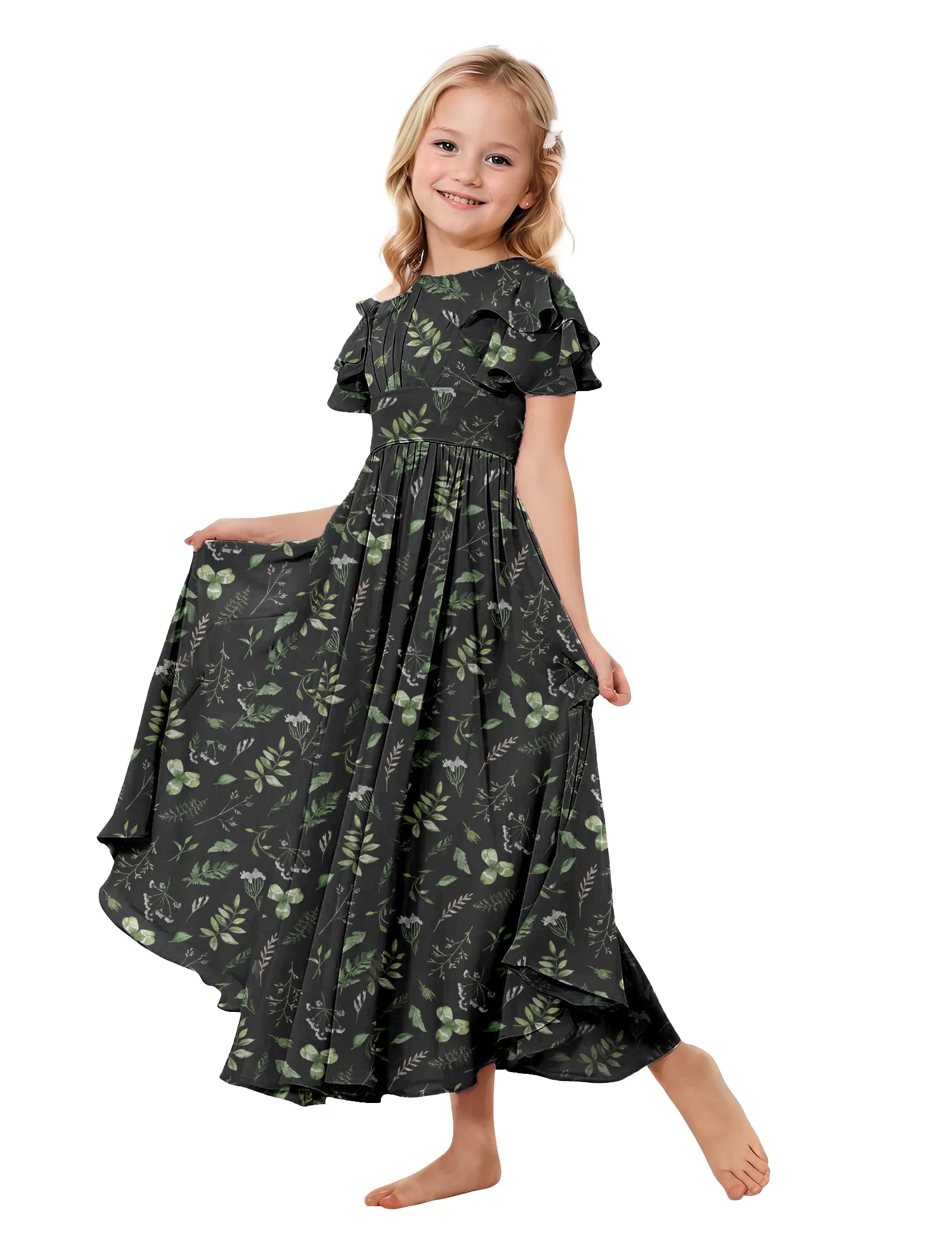 Girls Floral High-Low Flutter Sleeve Dress