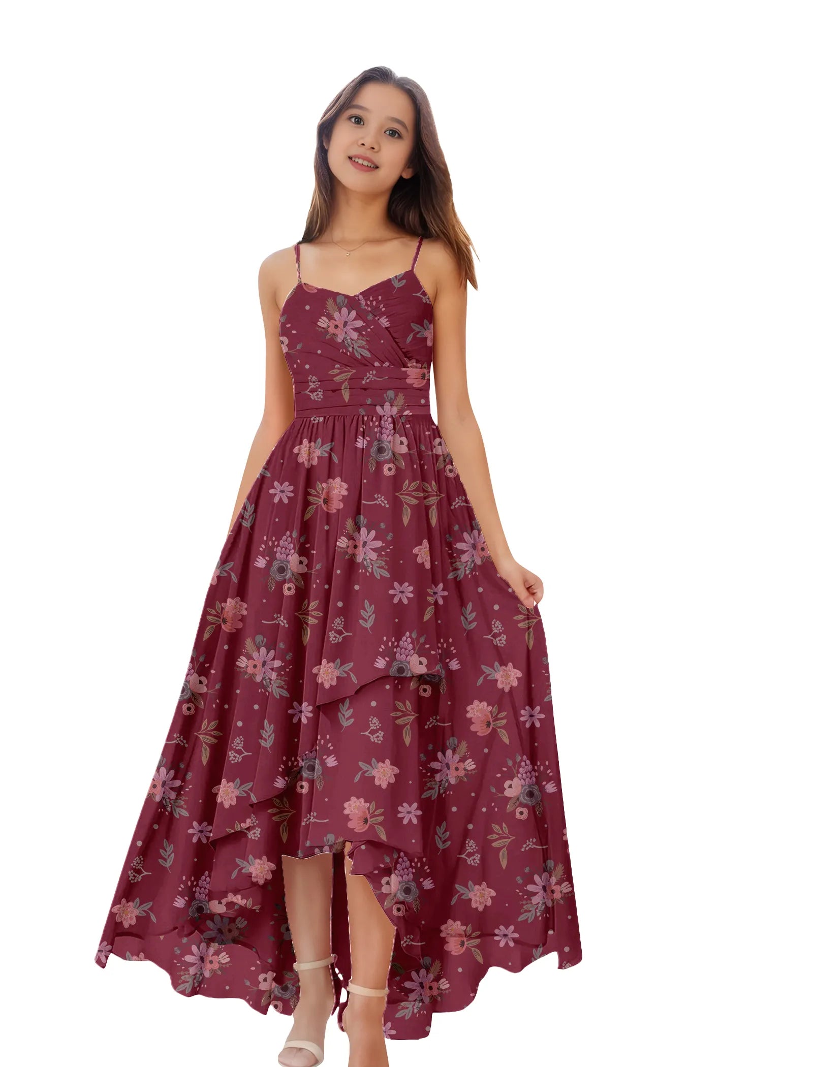 Girls Floral High Low Maxi Dress with Spaghetti Straps