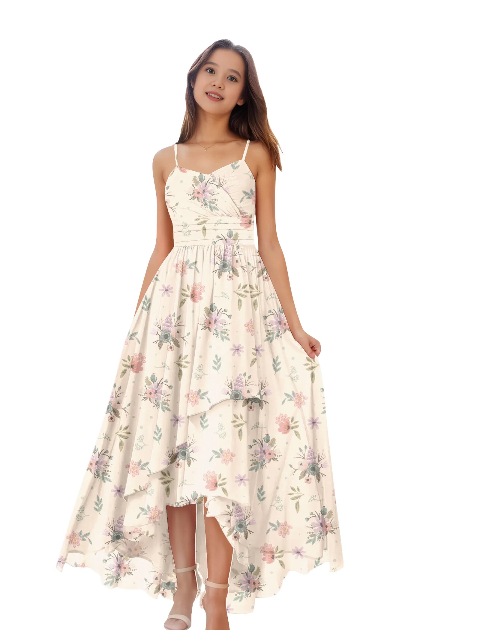 Girls Floral High Low Maxi Dress with Spaghetti Straps