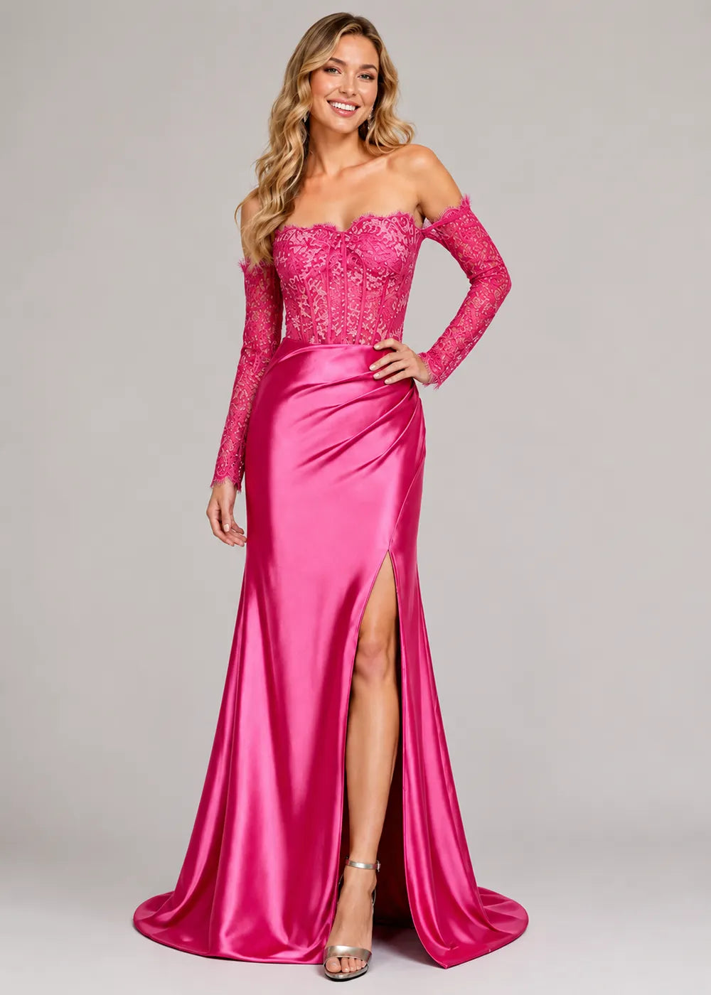 Vivienne Long-Sleeve Lace Satin Evening Gown