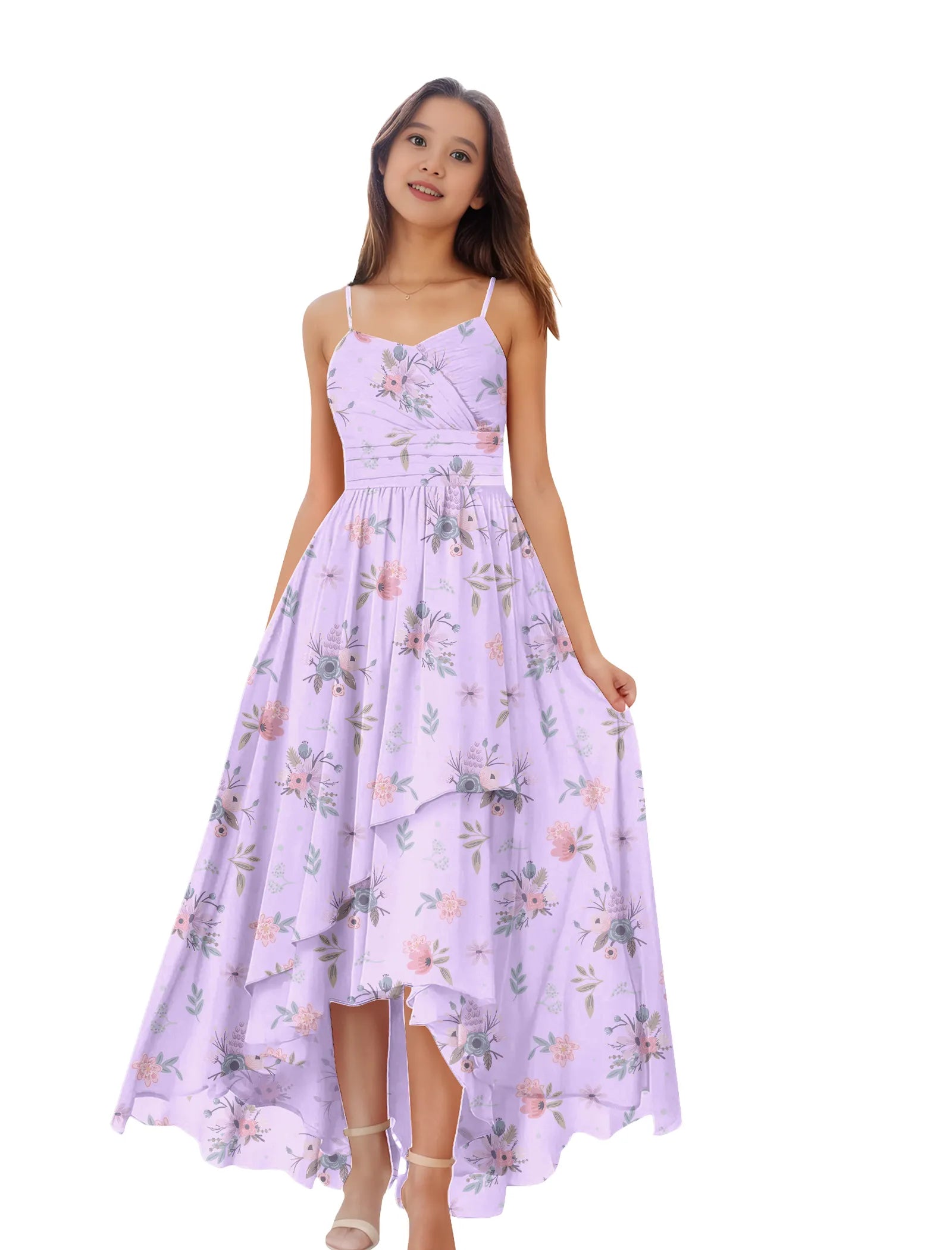 Girls Floral High Low Maxi Dress with Spaghetti Straps