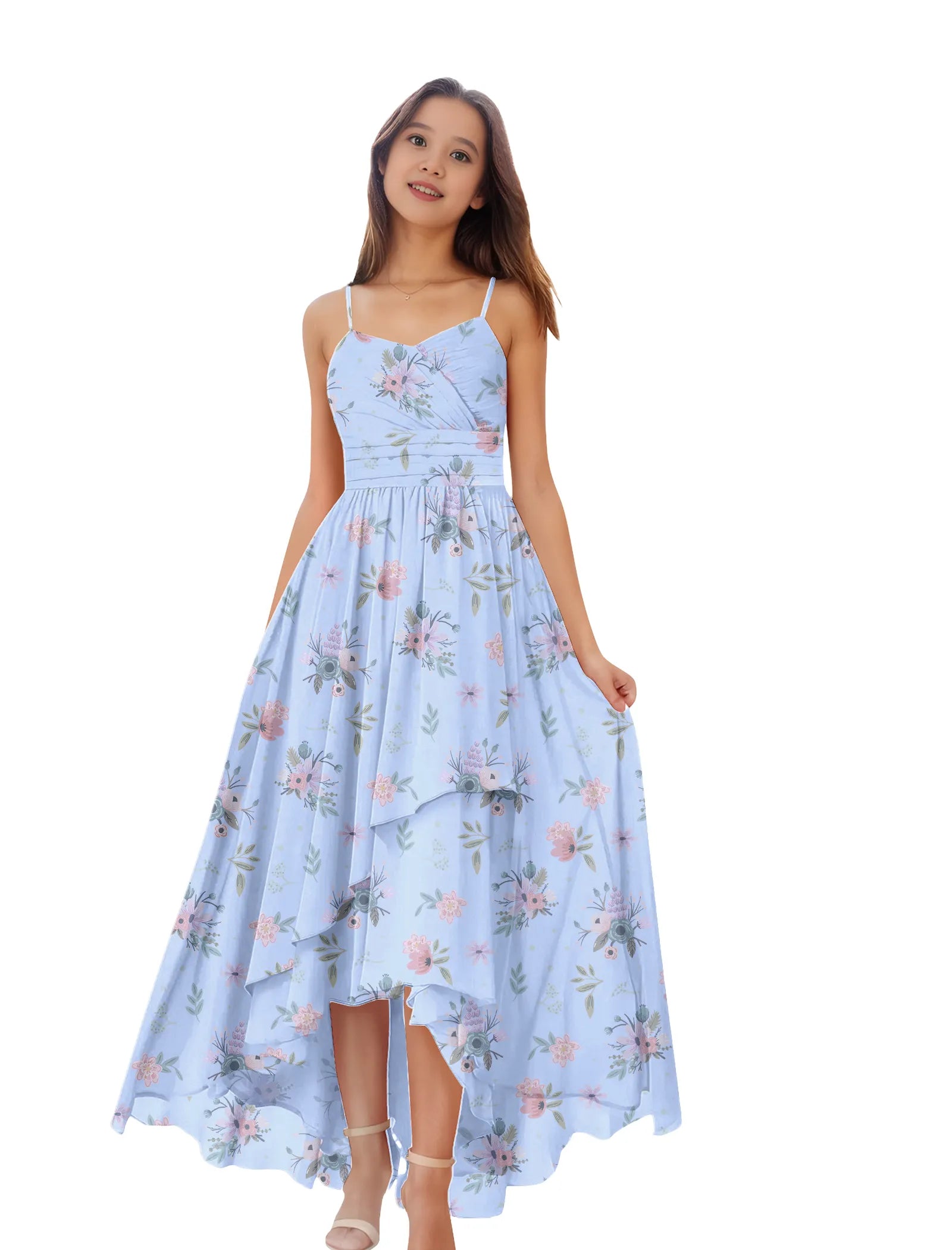 Girls Floral High Low Maxi Dress with Spaghetti Straps