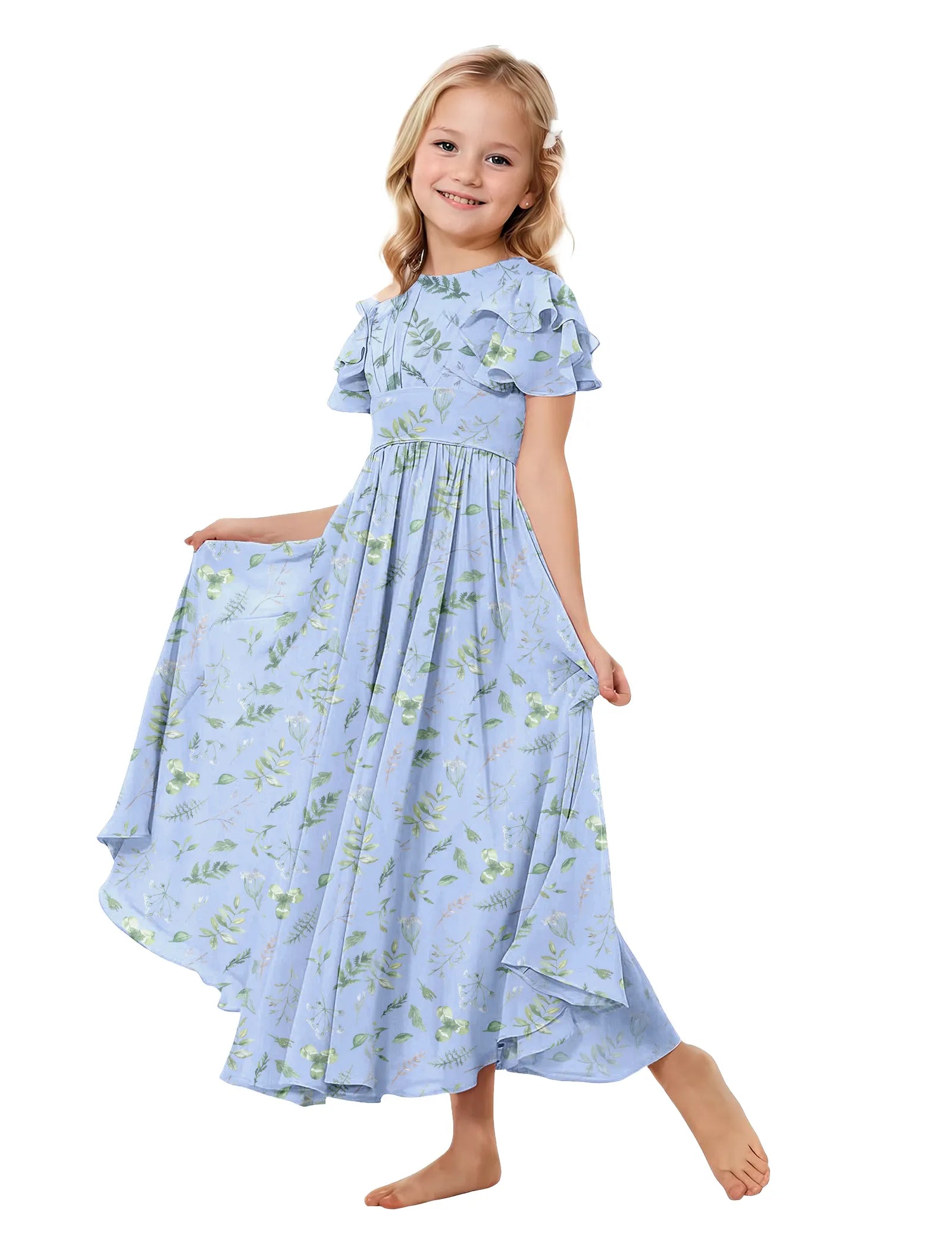 Girls Floral High-Low Flutter Sleeve Dress