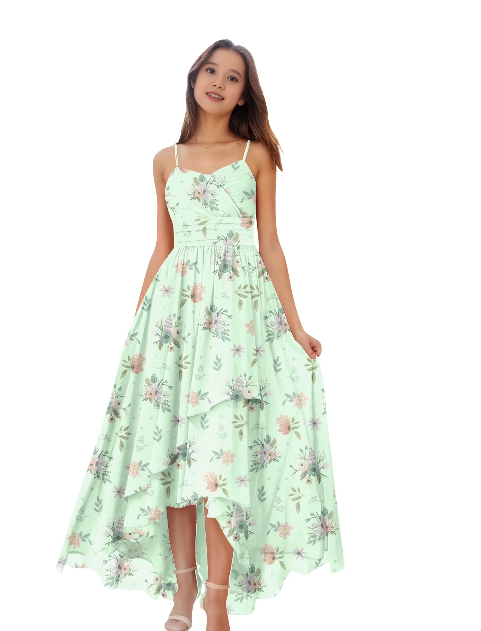 Girls Floral High Low Maxi Dress with Spaghetti Straps