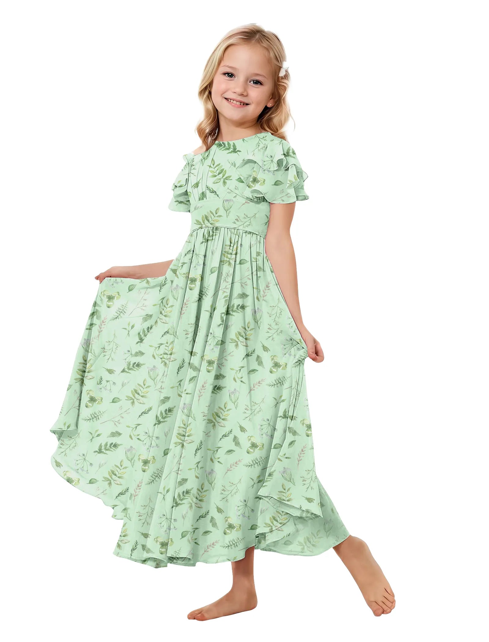 Girls Floral High-Low Flutter Sleeve Dress
