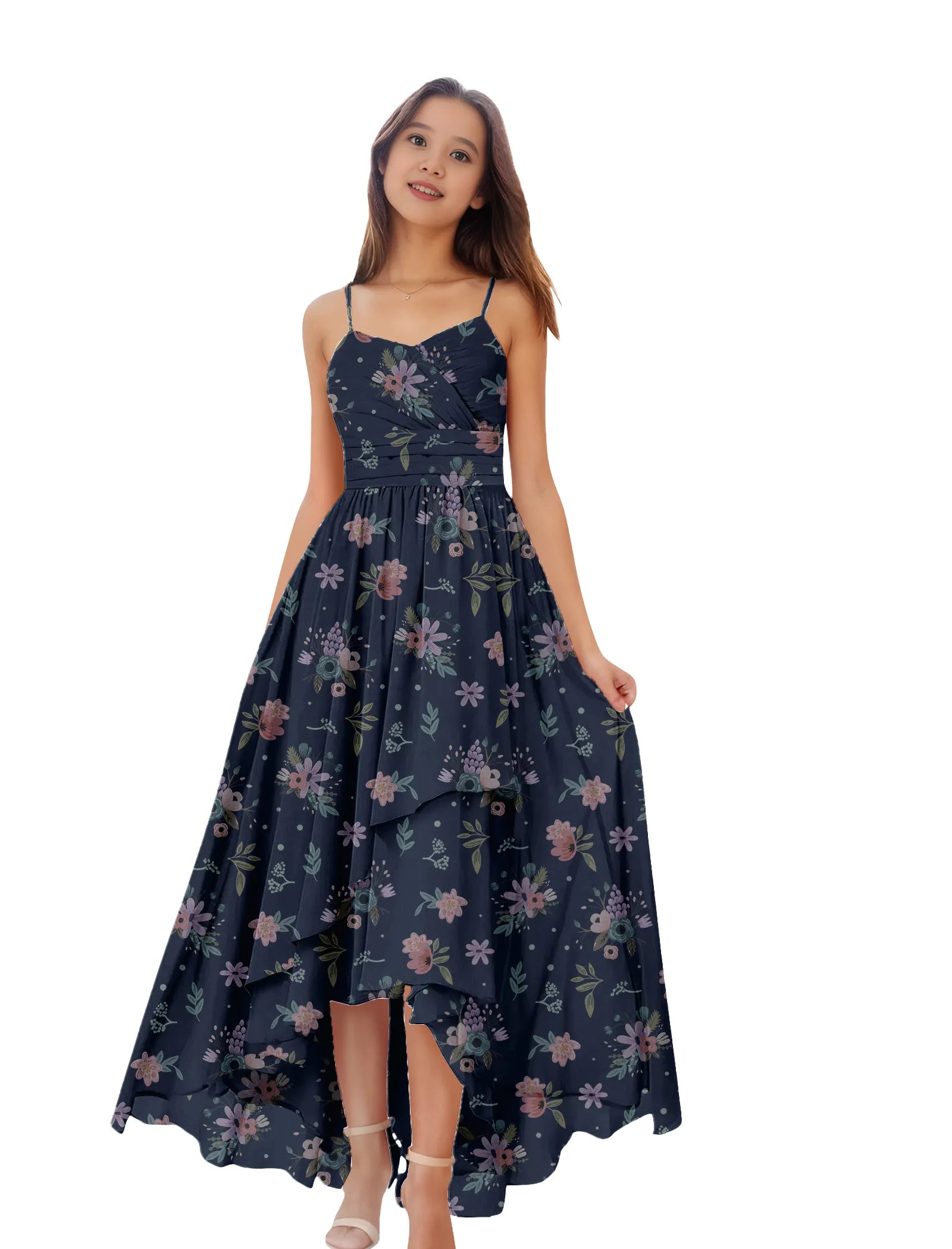 Girls Floral High Low Maxi Dress with Spaghetti Straps