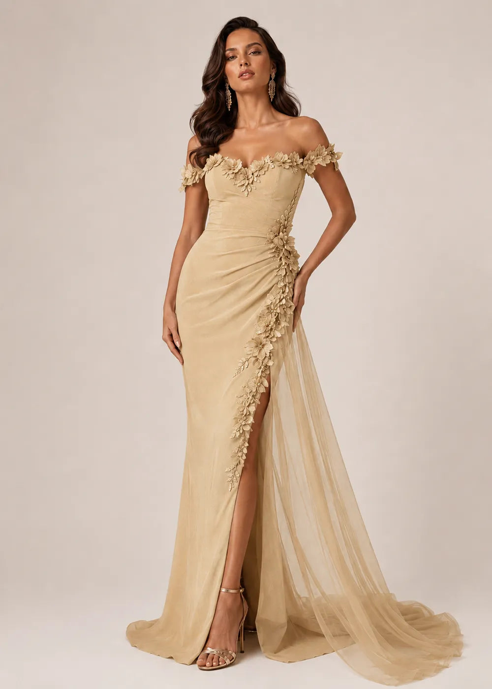 Off-Shoulder Floral Draped Evening Dress