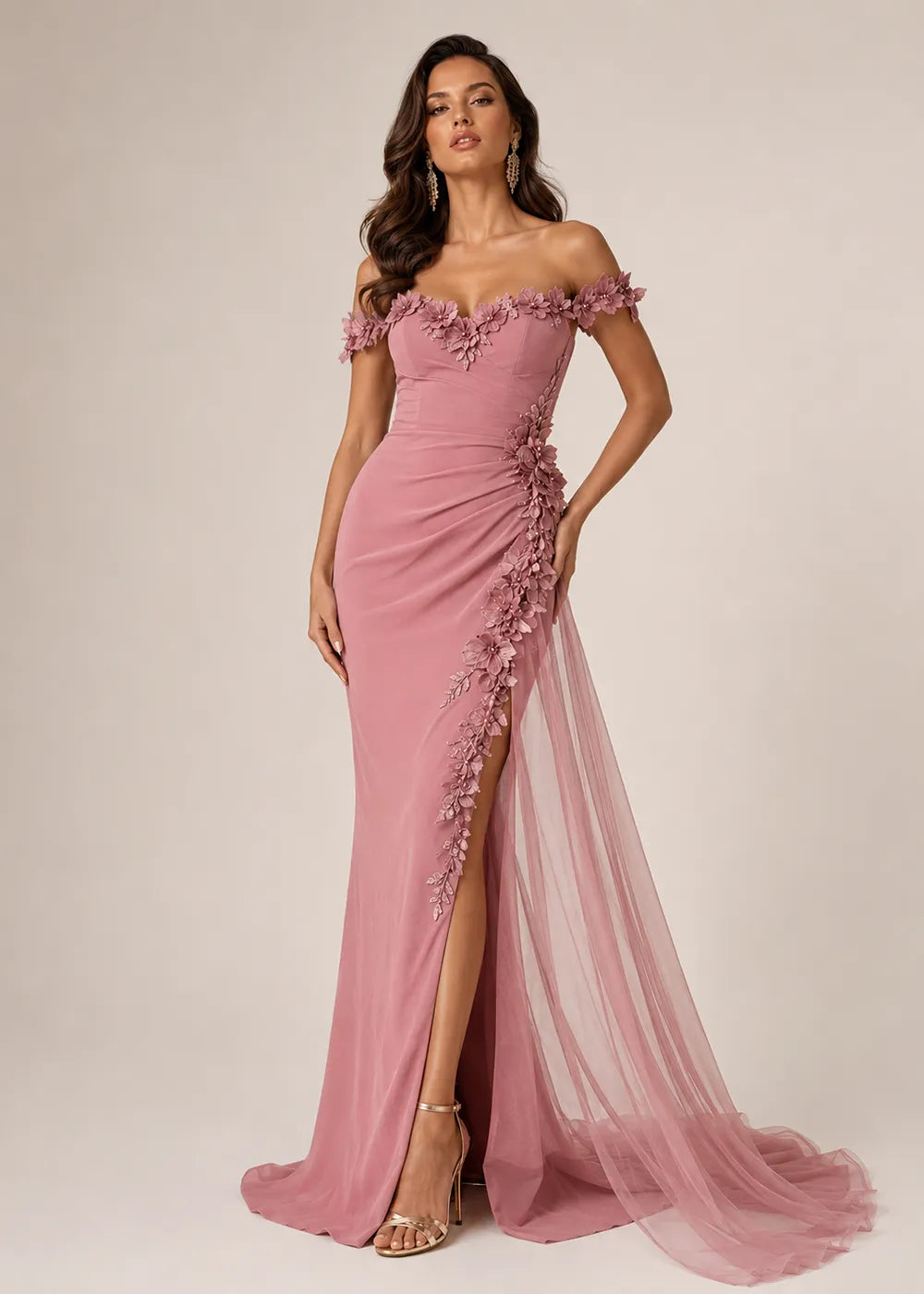 Off-Shoulder Floral Draped Evening Dress