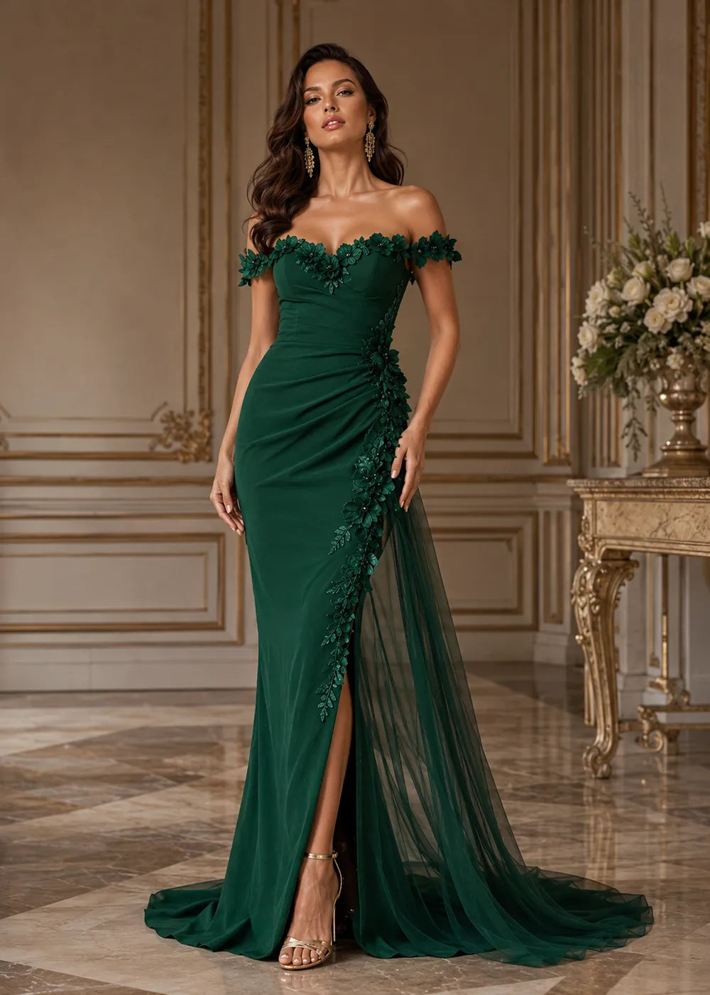 Off-Shoulder Floral Draped Evening Dress