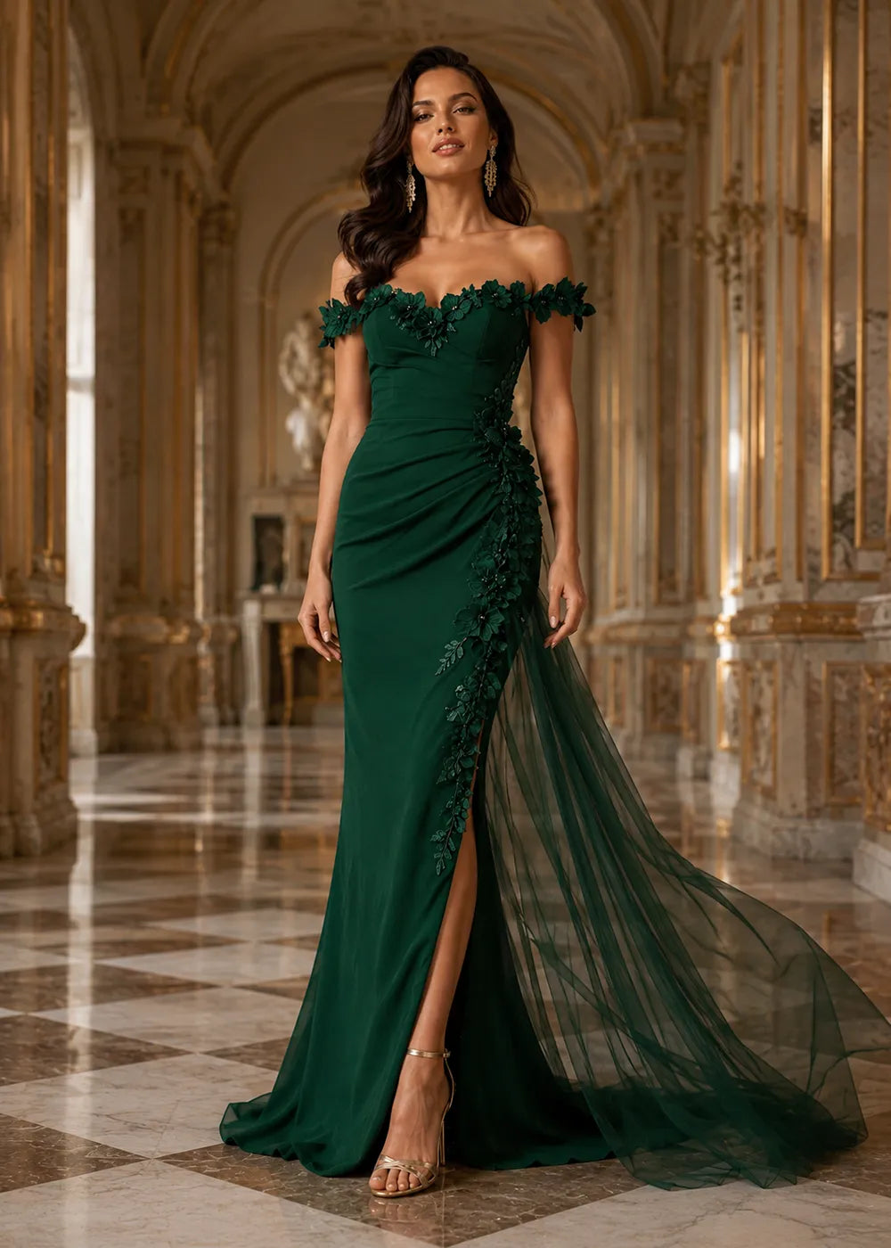 Off-Shoulder Floral Draped Evening Dress