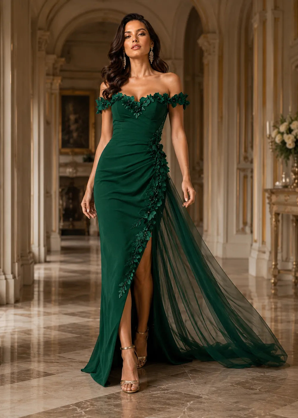 Off-Shoulder Floral Draped Evening Dress