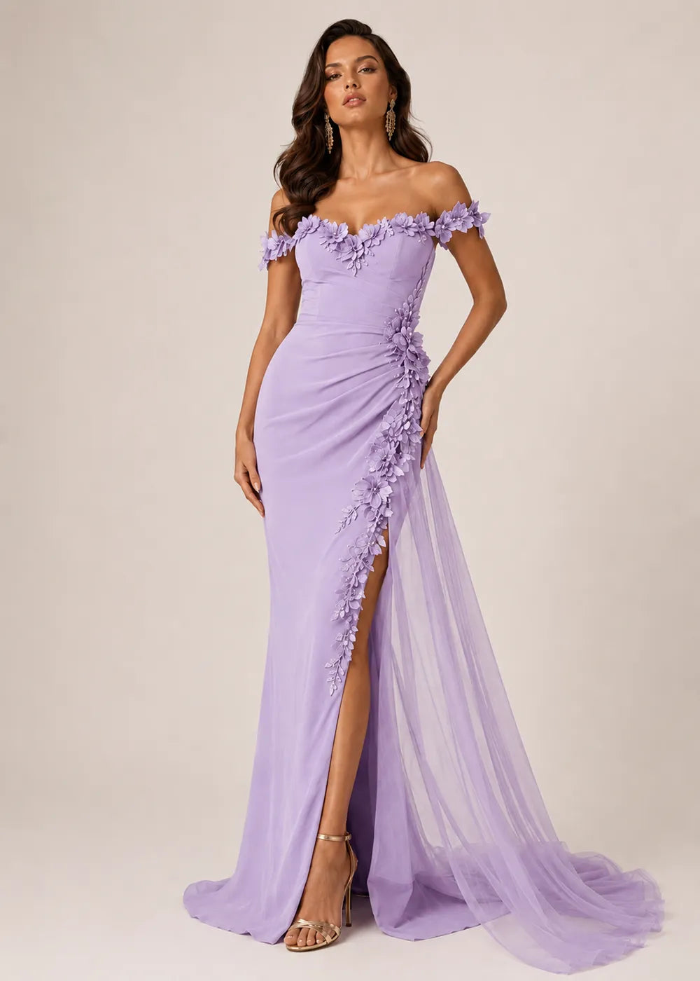 Off-Shoulder Floral Draped Evening Dress