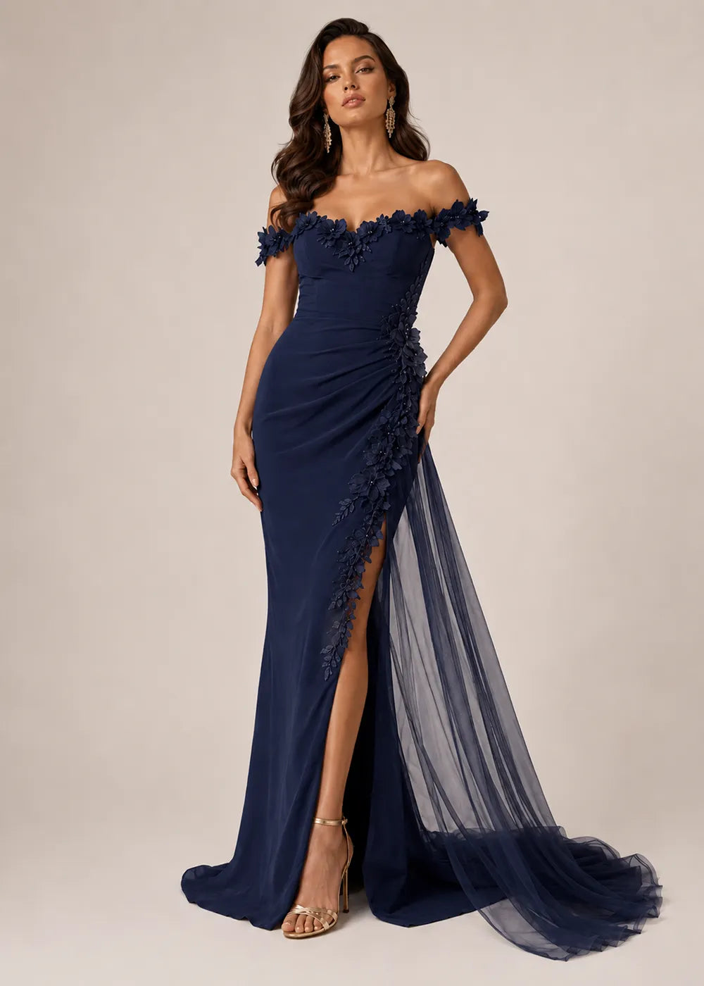 Off-Shoulder Floral Draped Evening Dress