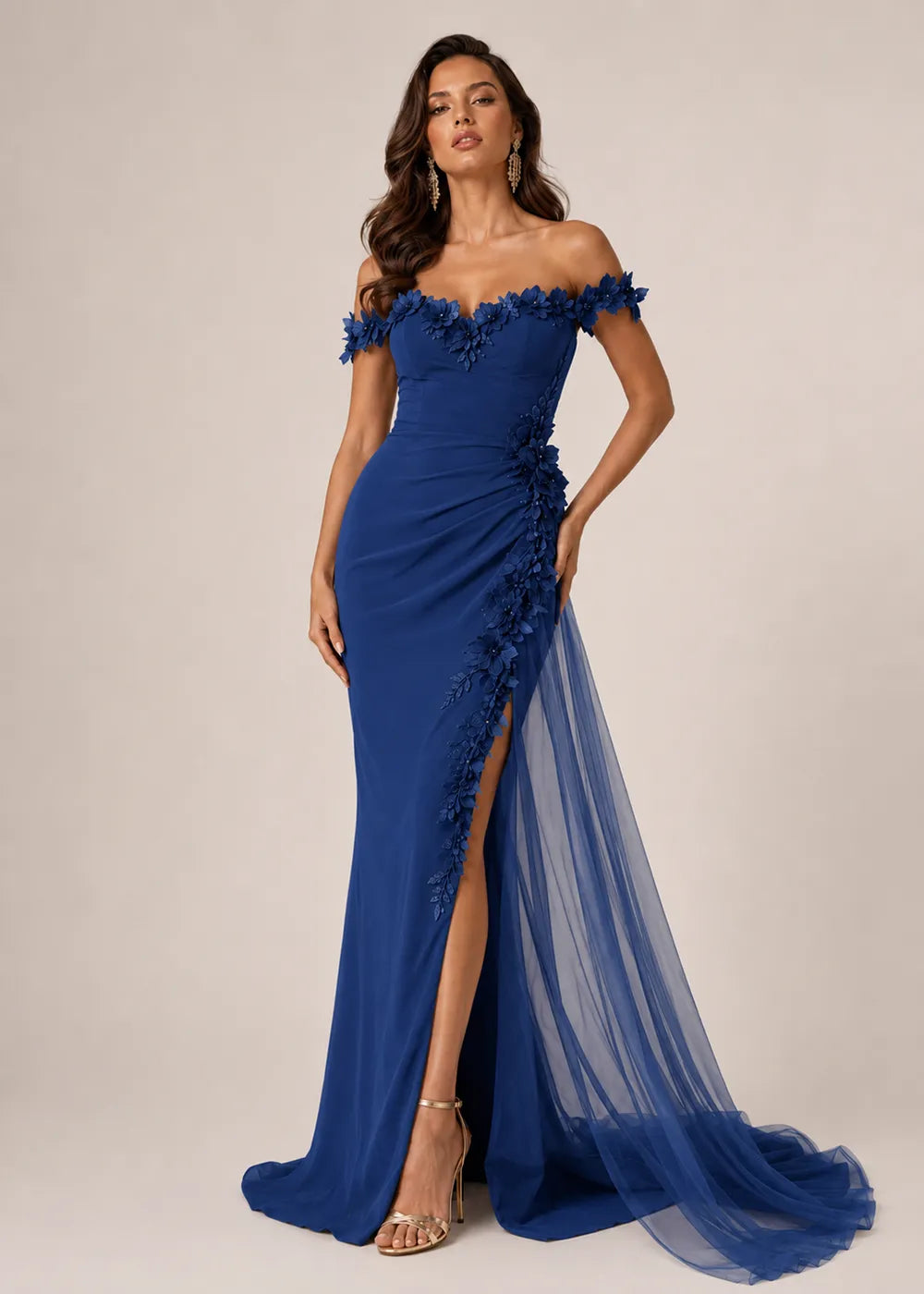 Off-Shoulder Floral Draped Evening Dress