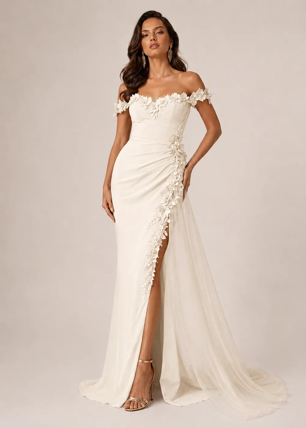 Off-Shoulder Floral Draped Evening Dress