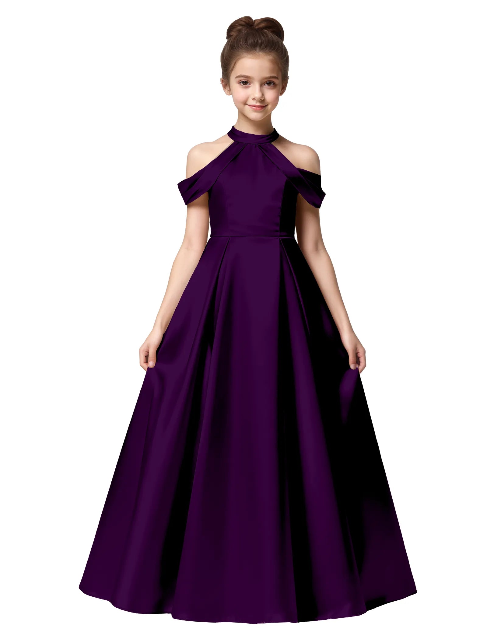 Girls Satin High Neck Pageant Dress with Bow