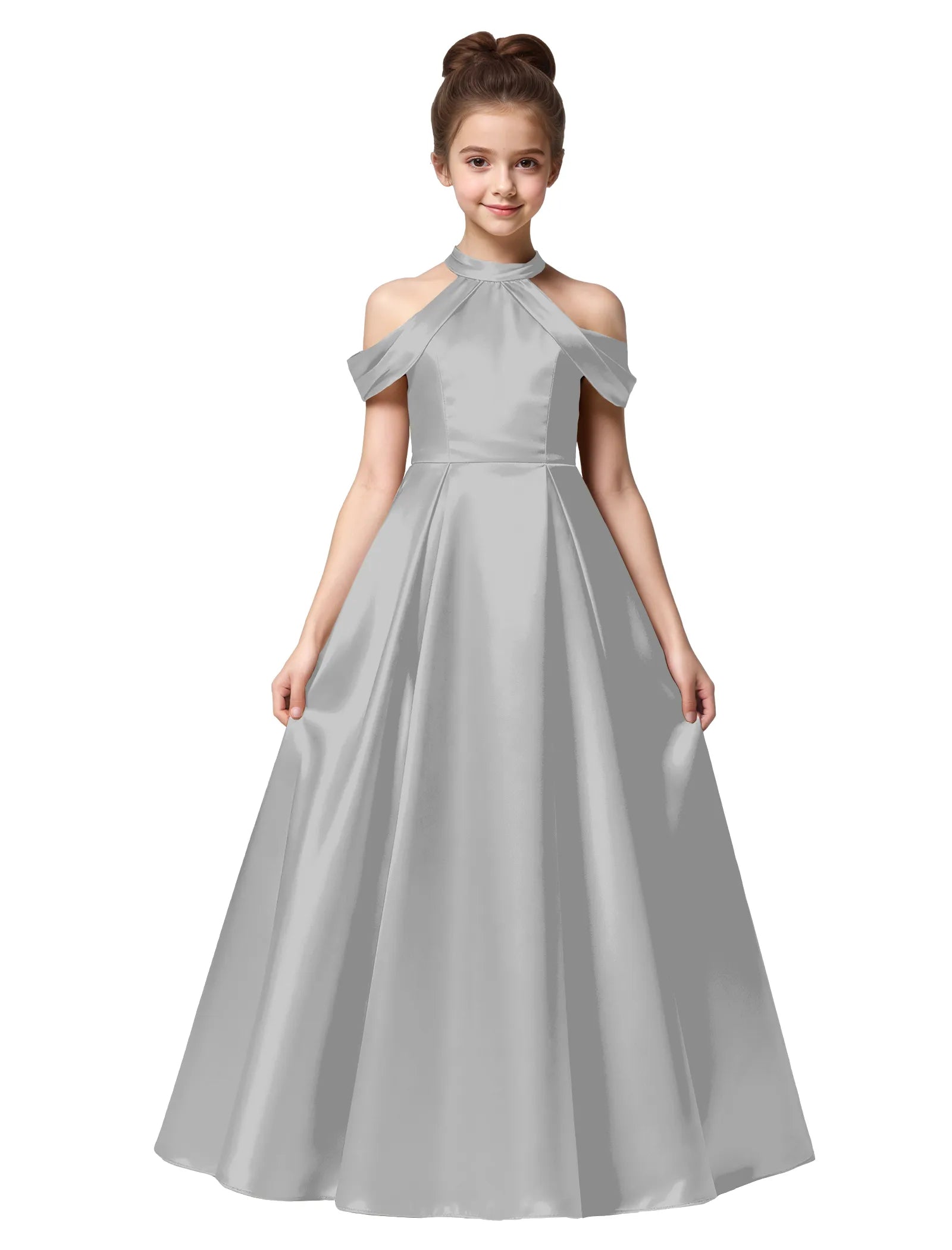 Girls Satin High Neck Pageant Dress with Bow