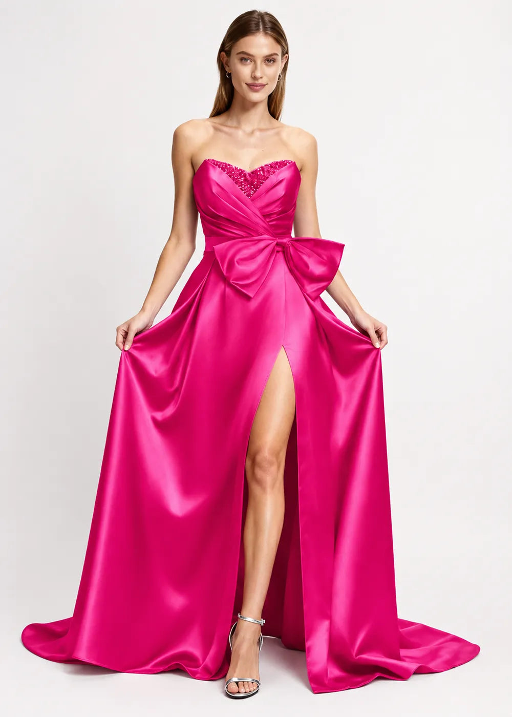 Sculpted Bow Strapless Satin Gown