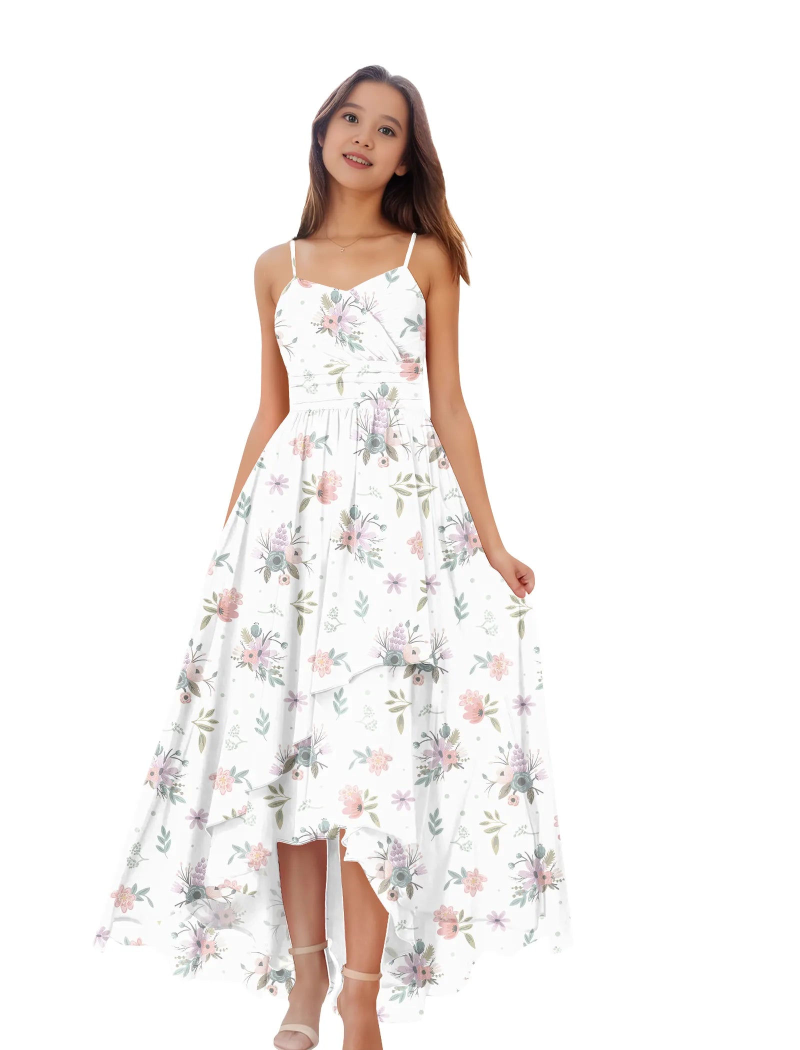 Girls Floral High Low Maxi Dress with Spaghetti Straps