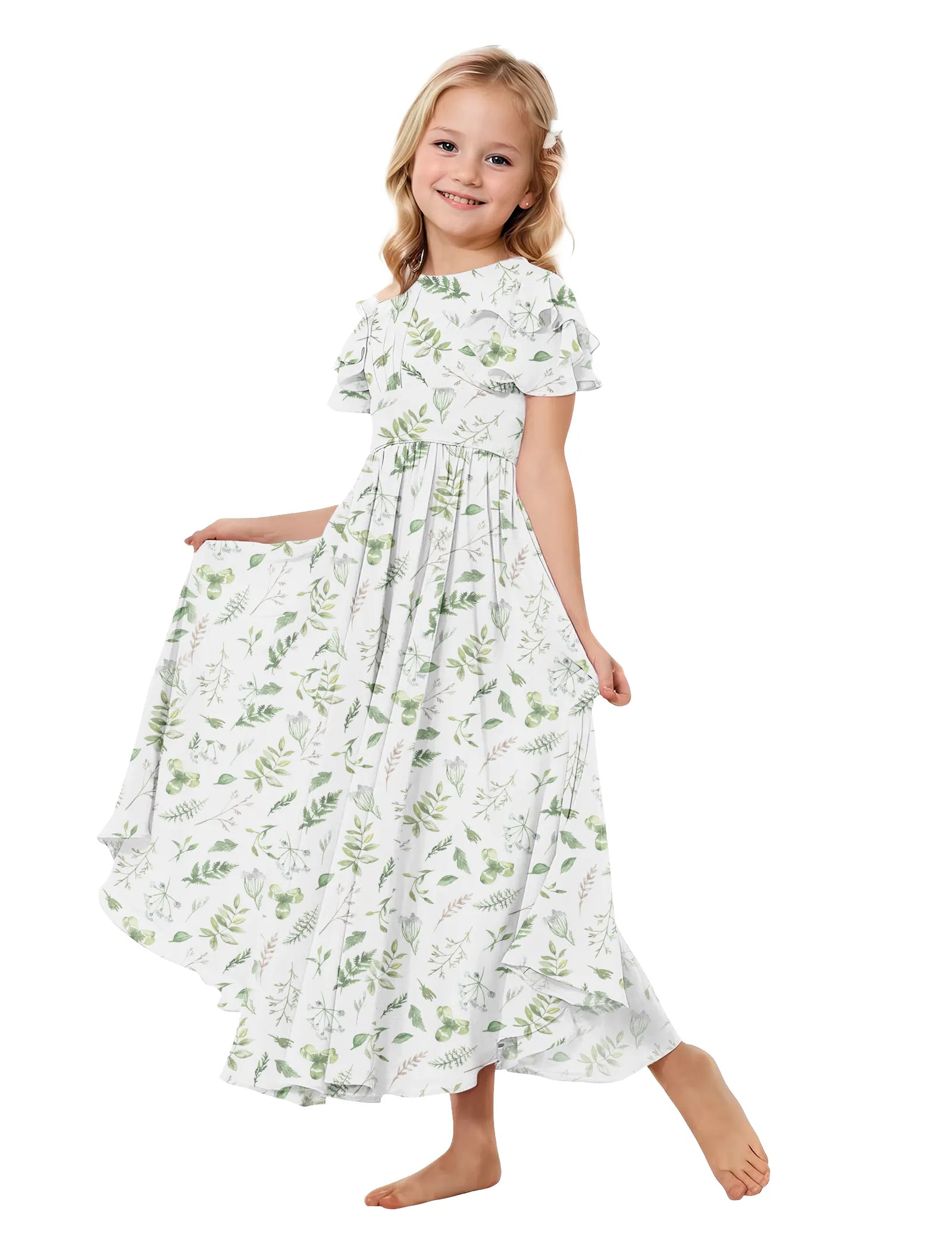 Girls Floral High-Low Flutter Sleeve Dress