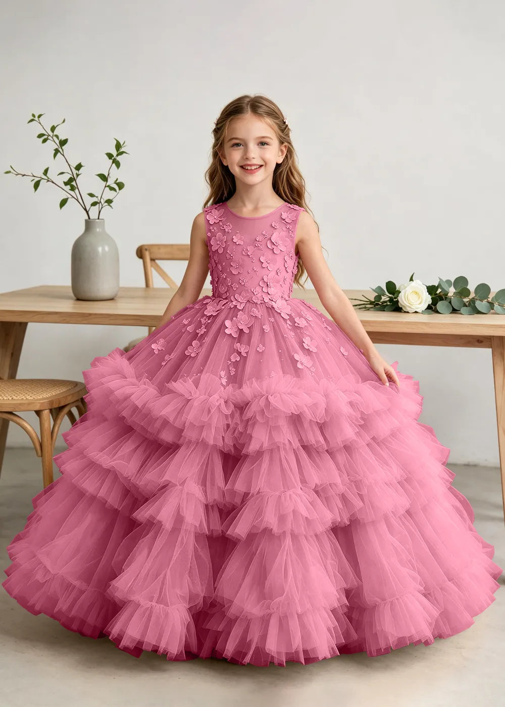 Girls High-Low Floral Appliqué Tulle Gown