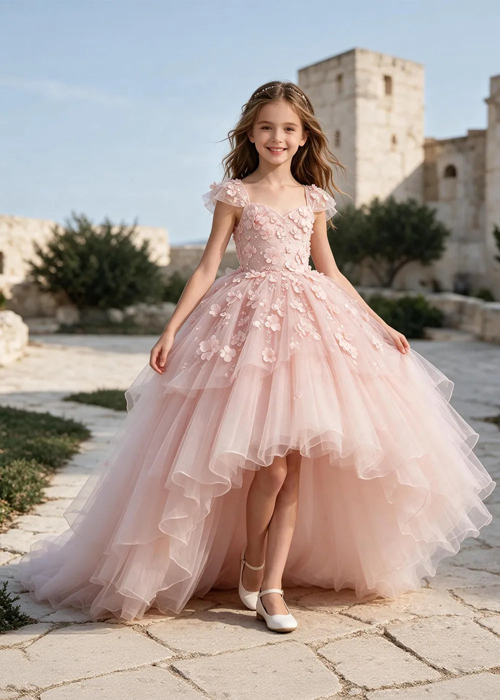 Floral Tulle Ball Gown Dress with Long Train for Girls