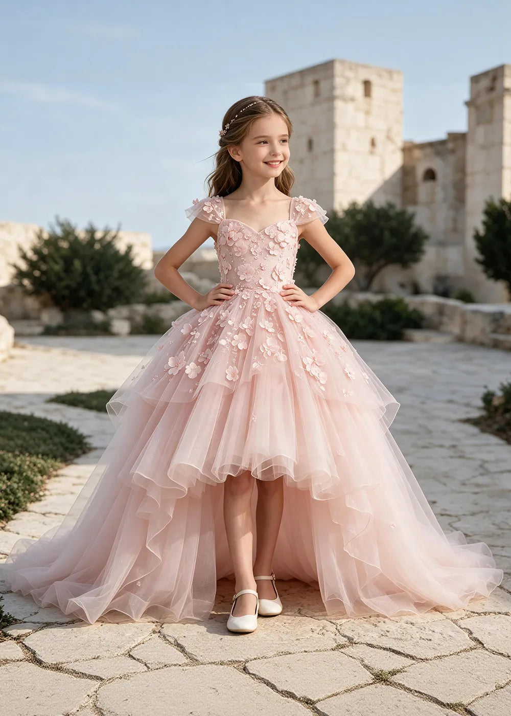 Floral Tulle Ball Gown Dress with Long Train for Girls