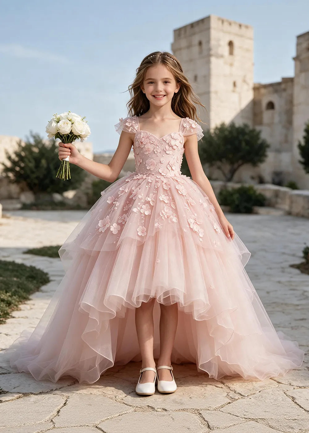 Floral Tulle Ball Gown Dress with Long Train for Girls