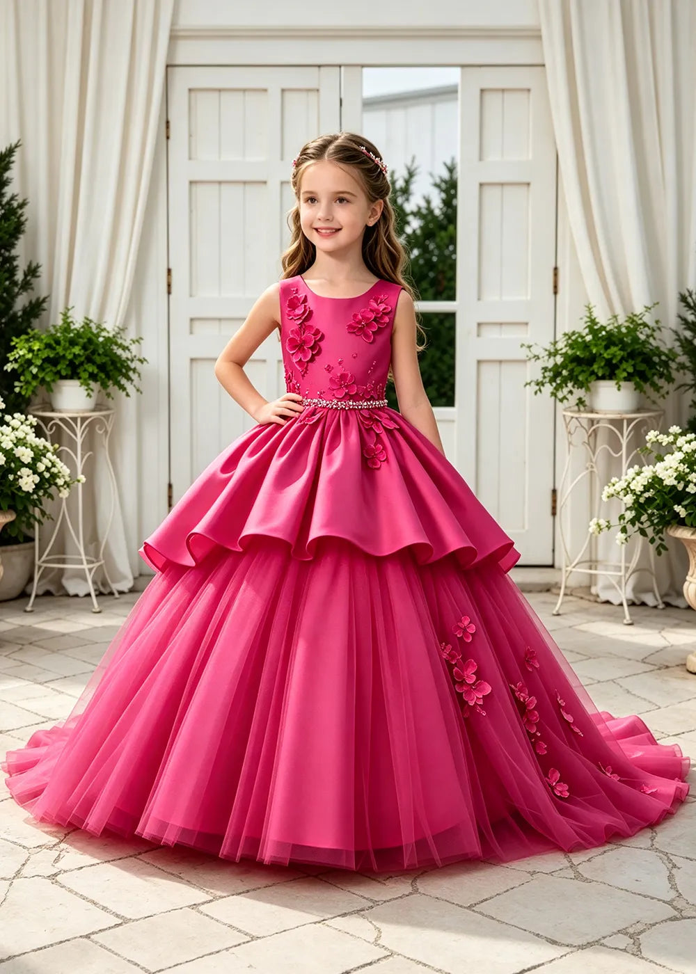 Floral Appliqué Tulle Ball Gown Dress for Girls
