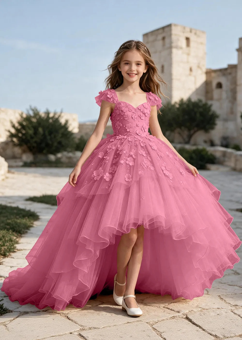 Floral Tulle Ball Gown Dress with Long Train for Girls
