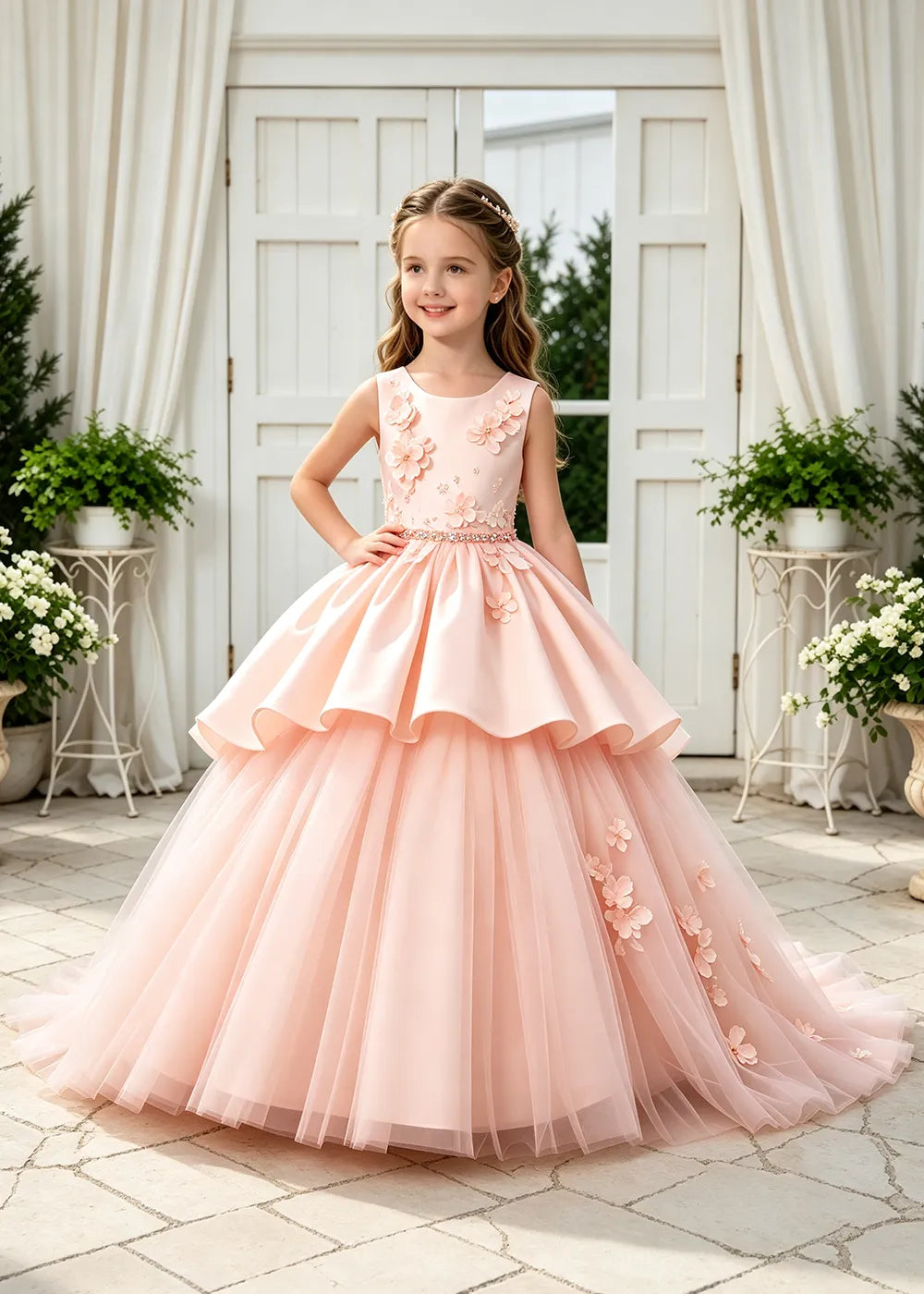 Floral Appliqué Tulle Ball Gown Dress for Girls