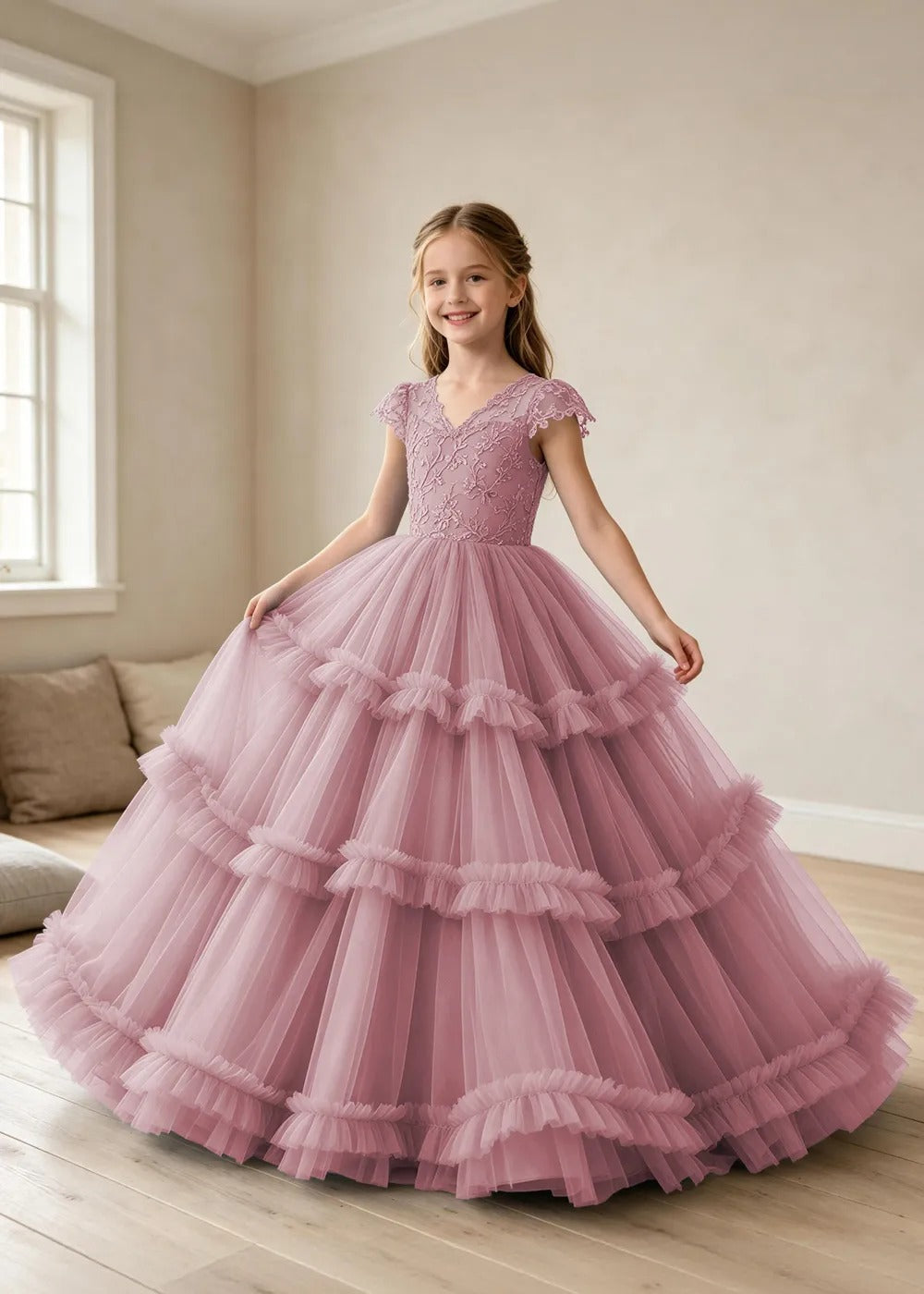 オフショルダーのレースプリンセスドレス